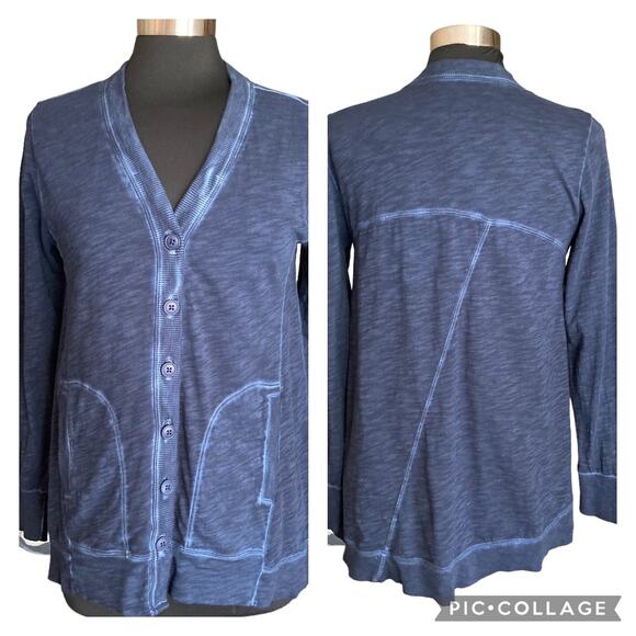 Elliott Lauren Navy Blue Washed Cotton Button Front Knit Cardigan SMALL - Picture 1 of 10